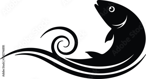 Illustrator Vector Salmon fish jumping wave in simple style silhouette