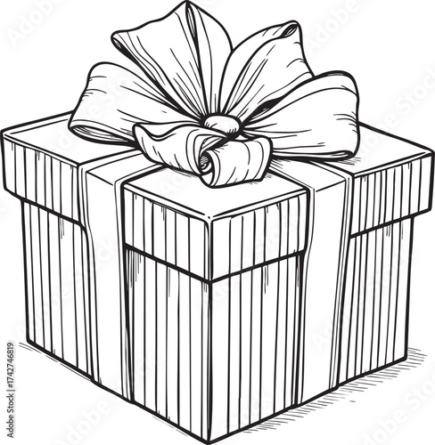 A monochrome drawing of a square gift box with a large bow on top and a ribbon around it in detail