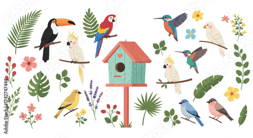 Cute cartoon flat birds clipart. Bird and birdhouse, leaves, flowers and garden berries. Forest and gardening elements, springtime racy vector set