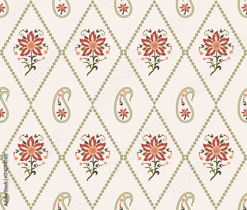 Vector Hand drawn colourful geometric flowers Motifs African boho paisley, seamless patterns with floral for fabric Ethnic Indian Pattern, textiles, clothing, wrapping paper, backdrop, banner.
