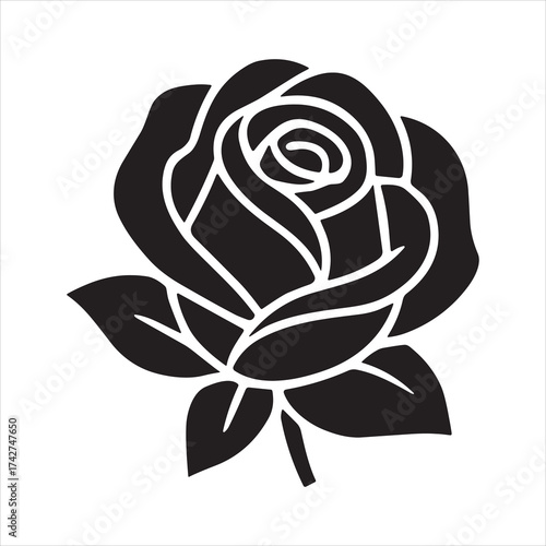 Black Rose Silhouette Illustration. Elegant Botanical Art for Romantic Floral Décor and Wedding Designs