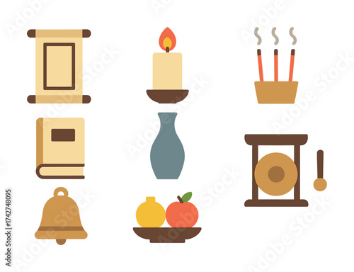 Vector Set of traditional asian cultural icons: scroll, candle, incense, book, bell, fruits, gong