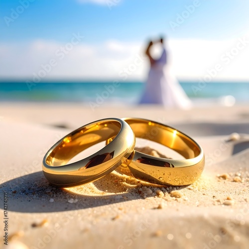 Golden wedding rings on sandy beach with a couple blurred in background