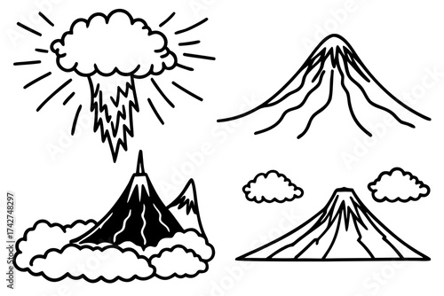 Minimal Line Art Volcano Eruption Vector Illustration on White Background