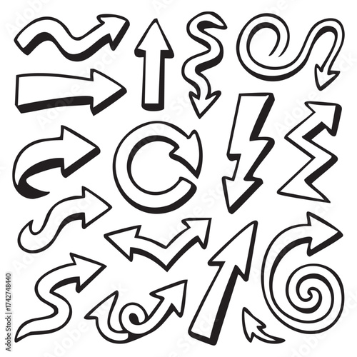 Hand Drawn Arrow Set of Creative and Playful Designs with Various Styles and Directions Depicted in Black and White