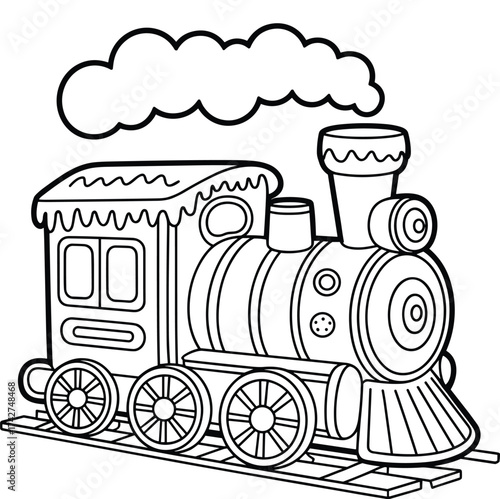 Black and white cartoon steam train with smoke on tracks engine locomotive