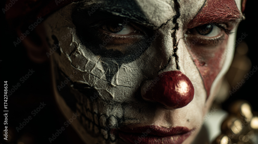 Naklejka premium Ultra-realistic portrait of a cracked-face Halloween clown with stitched makeup and dramatic lighting, detailed horror character photography concept