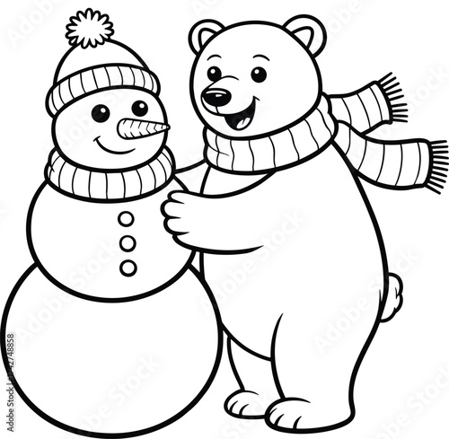 Cartoon polar bear hugging a snowman wearing a hat and scarf winter