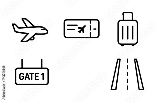 Vector Air travel elements: plane, ticket, luggage, gate sign, runway icons