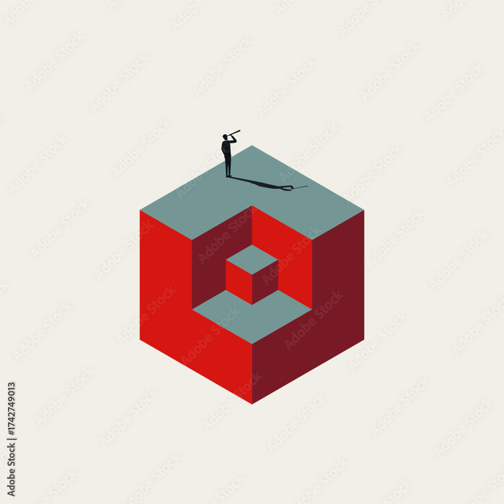 Obraz premium Vector illustration symbolizing business vision, hard work, effort, and building a foundation. A man uses a telescope atop a geometric cube-within-a-cube structure, representing depth and layers