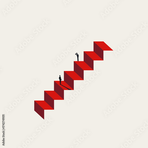 Minimalist vector illustration of an impossible situation, business dilemma, or unending challenge. Two small figures stand on an optical illusion of a red, non-ending staircase