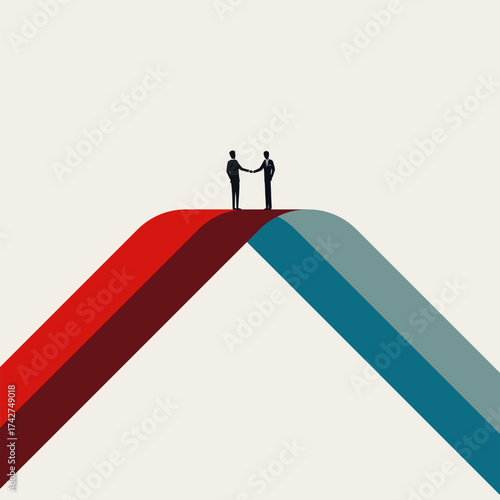 Vector illustration representing a business handshake, a successful deal, partnership, merger, acquisition, or agreement. Two men meet and shake hands at the peak of a red and blue bridge-like structu