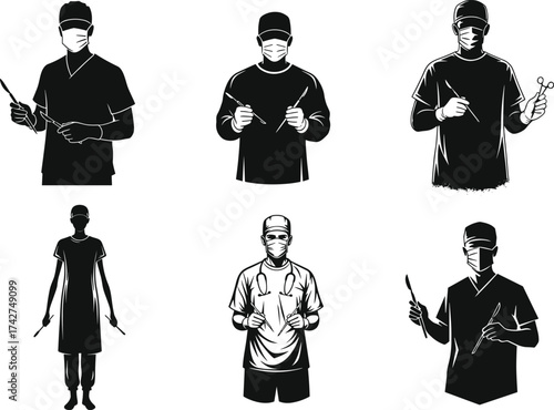 Surgeon silhouettes, medical professionals with surgical instruments, masks and caps, operating room teamwork poses, vector illustration design
