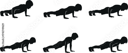 This image displays silhouettes illustrating different stages of the push-up exercise, suggesting a fitness or workout theme.