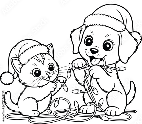 Cute kitten and puppy wearing Santa hats tangled in Christmas lights vector
