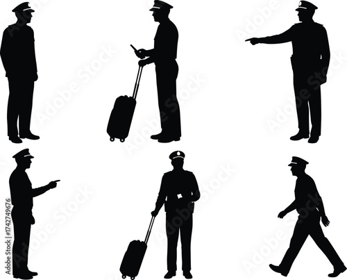 Airline pilot silhouettes, aviation crew in uniform, walking with suitcase, pointing and standing poses, vector illustration design