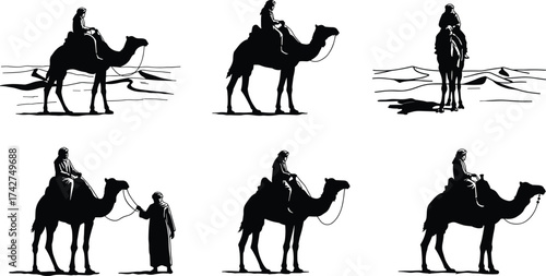 This image features a collection of silhouettes showing people, likely Bedouins or travelers, riding or leading a camel through a desert landscape, suitable for themes of travel, culture, or history.