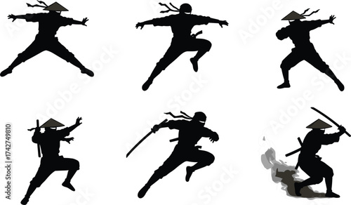 Ninja silhouette set, martial arts action poses, sword combat, stealth movement, warrior illustration, black figure collection for fighting, defense, and agility themes