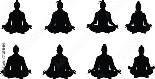 Meditation silhouettes, yoga pose, mindfulness practice, peaceful sitting, wellness lifestyle, spiritual calm, inner peace, cross-legged posture, mental health, serene balance, black icons