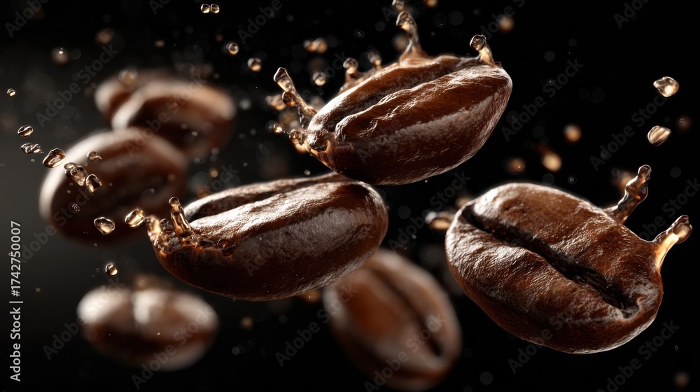 Obraz premium Gourmet Coffee Beans: Dark Espresso Splash, Droplets, Aroma, Fresh Brew, Roasted Textures, Caffeine Energy, Smooth Latte, Rich Flavor, High-Speed Photography, Gourmet Beverage