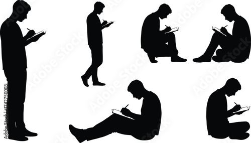 Silhouette of person writing in notebook, various seated and standing poses, creative concentration, study habits, artistic process, education, black figure illustration