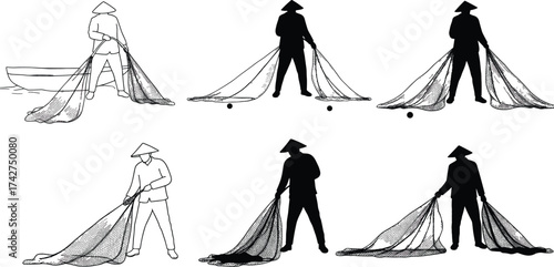 Silhouette of traditional fishermen with conical hats, handling fishing nets in various poses, Southeast Asian culture, black figure illustration, fishing technique concept