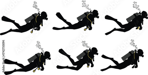 Scuba divers underwater, silhouette illustration, swimming with gear, bubbles rising, ocean exploration, diving posture, aquatic sport, marine adventure, professional scuba equipment