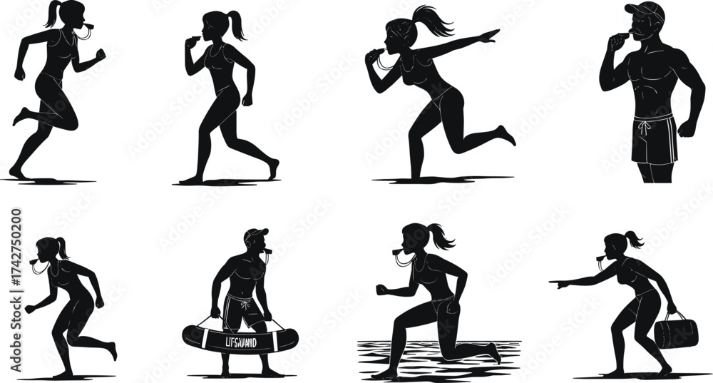 Naklejka premium Lifeguard silhouette illustration, rescue poses, emergency response, beach safety, whistle gear, lifeguard action set for aquatic protection, vector graphic for stock use