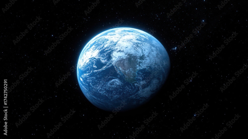 Fototapeta premium Earth, a blue sphere, in the black void of space
