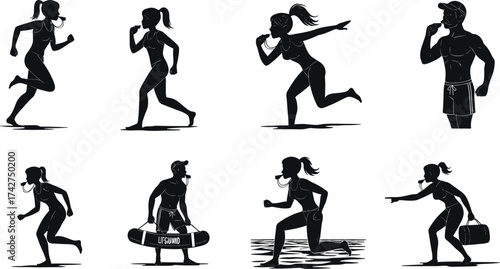 Lifeguard silhouette illustration, rescue poses, emergency response, beach safety, whistle gear, lifeguard action set for aquatic protection, vector graphic for stock use