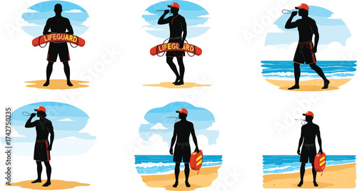 Lifeguard silhouette on beach, red rescue gear, whistle blowing, ocean safety patrol, summer coastal scene, vigilant lifeguard poses, beach rescue illustration