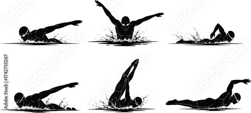 Swimmer silhouette illustration, freestyle, butterfly, breaststroke, dive, underwater glide, competitive swimming motion, aquatic sport technique, swim cap, goggles, water movement art