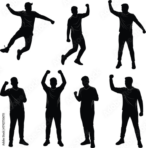 Victory, celebration, success, silhouette poses, energetic movement, motivational concept, triumphant gesture, black figure, white background, sports achievement, emotional expression, dynamic action