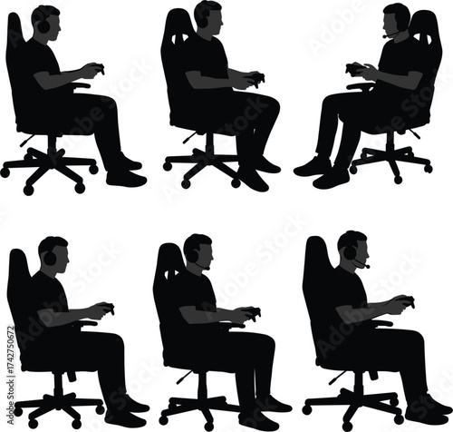 Silhouette gamers seated in ergonomic office chairs, wearing headsets, holding controllers, focused posture, virtual communication, competitive gaming, esports lifestyle, teamwork concept