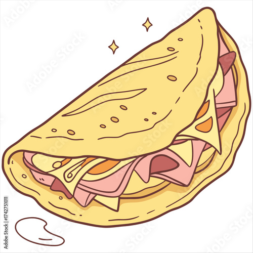 A golden, fluffy omelet filled with melted cheese and savory ham, a delightful breakfast treat presented on a bright white background.