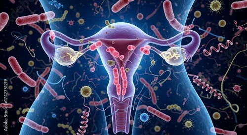 Illustration of a uterus with various bacteria and microorganisms surrounding it in a blue setting