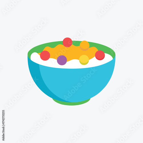 A bowl of colorful breakfast cereal with milk vector illustration