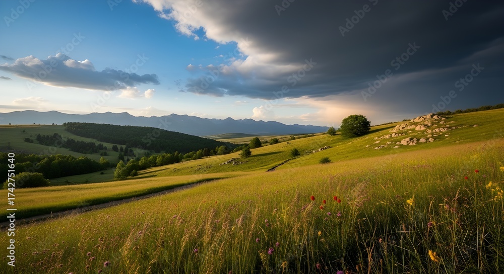 Fototapeta premium Stormy skies over rolling green hills at sunset