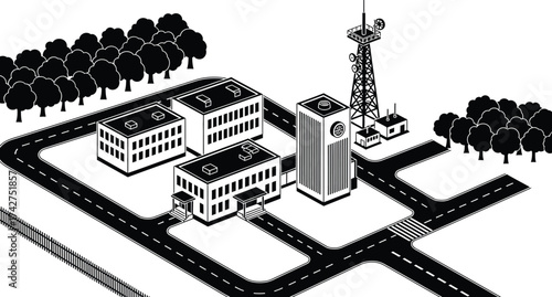 Isometric city vector illustration with buildings and tower art