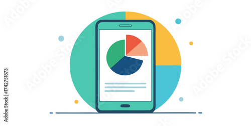 Smartphone screen displaying colorful pie chart representing mobile data analysis and financial statistics