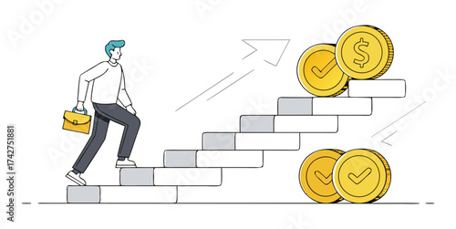 Businessman climbing stairs toward money and success symbolizing financial growth and career progress