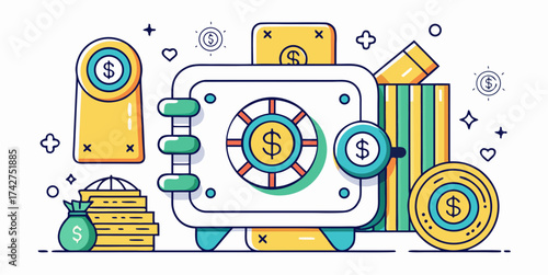 Colorful illustration of a secure safe surrounded by money, coins, and financial elements symbolizing wealth and savings