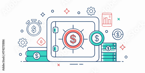 Line art illustration of a money safe surrounded by coins, stacks, and financial icons representing savings and secure finance