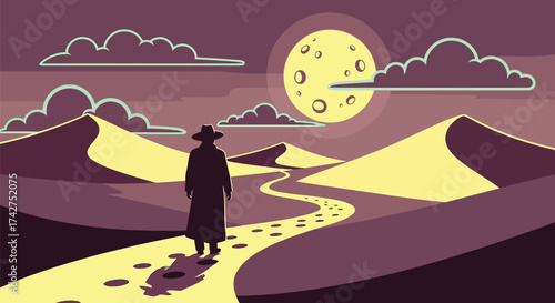 Desert wanderer illustration with moon and footprints art design