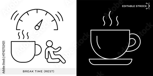 Productivity Break and Rest Line Icon. Contains visual elements related to Break Time, Work-Life Balance, Efficiency, and Relaxation. Editable stroke. Vector illustration.
