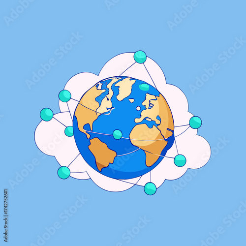 A cartoon Earth globe connected to cloud networks