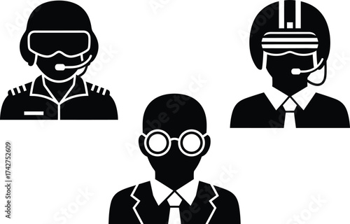 Vector icons of pilot vr user and businessman for graphic design