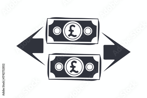 Two Pound Notes with Arrows, Financial Flow, UK Currency, on White