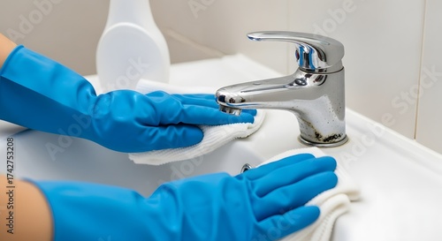 Household cleaning with blue gloves and white cloth in bathroom sink for hygiene and sanitation