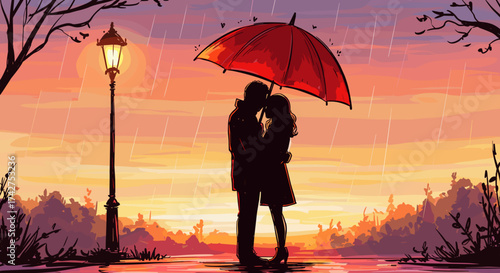 Couple kissing under a red umbrella at sunset in the rain - Concept of Valentine's Day  